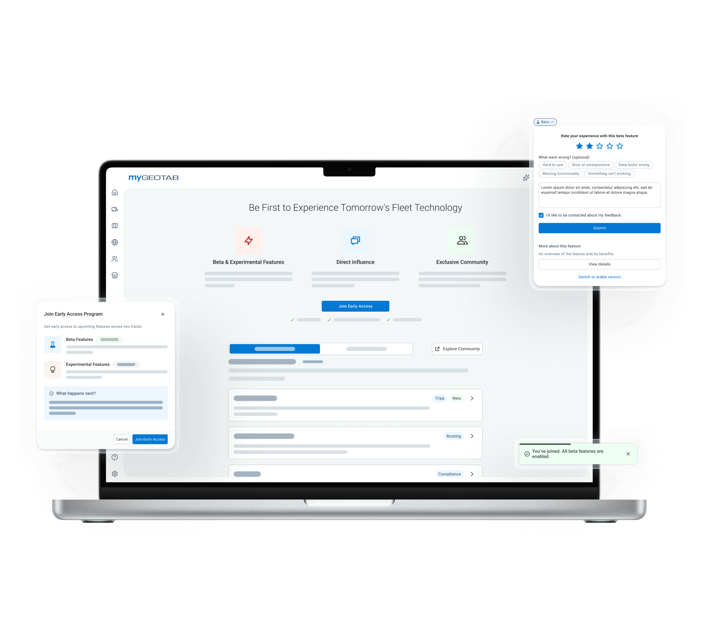 MyGeotab Early Access Program showing enrollment, beta features, and in-context feedback.