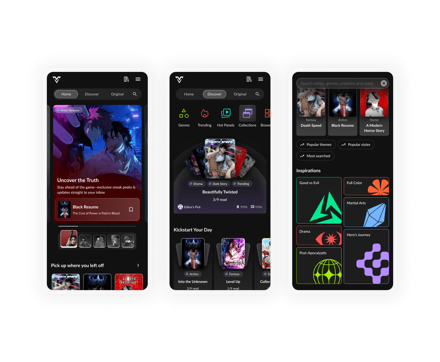 VoyceMe on mobile: the redesigned homepage, the Discover page, and search suggestions.