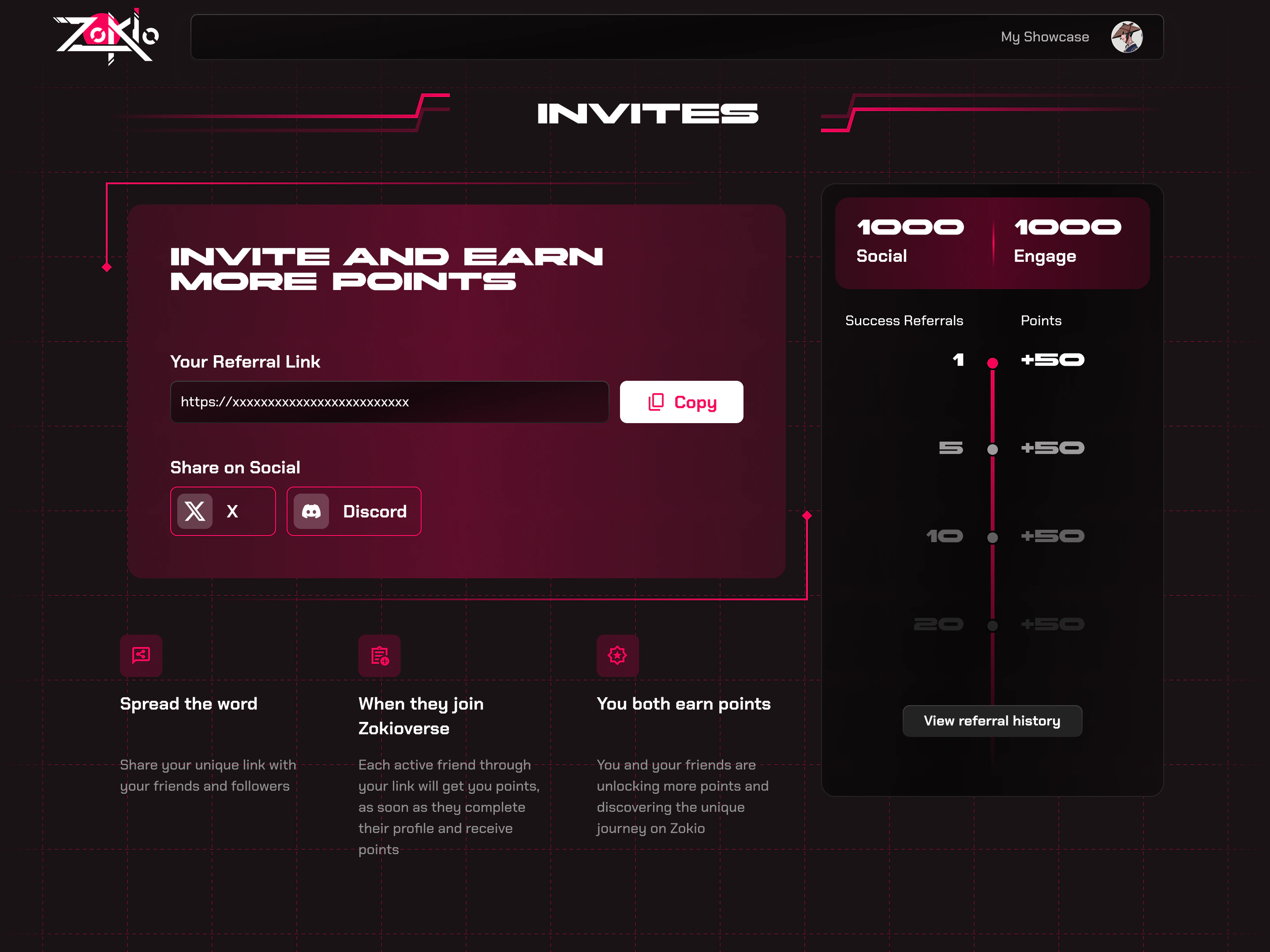 Invites: a referral link with Copy, share buttons for X and Discord, three steps for how referrals earn points, and a ladder of referral bonuses at 1, 5, 10, and 20 successful referrals.