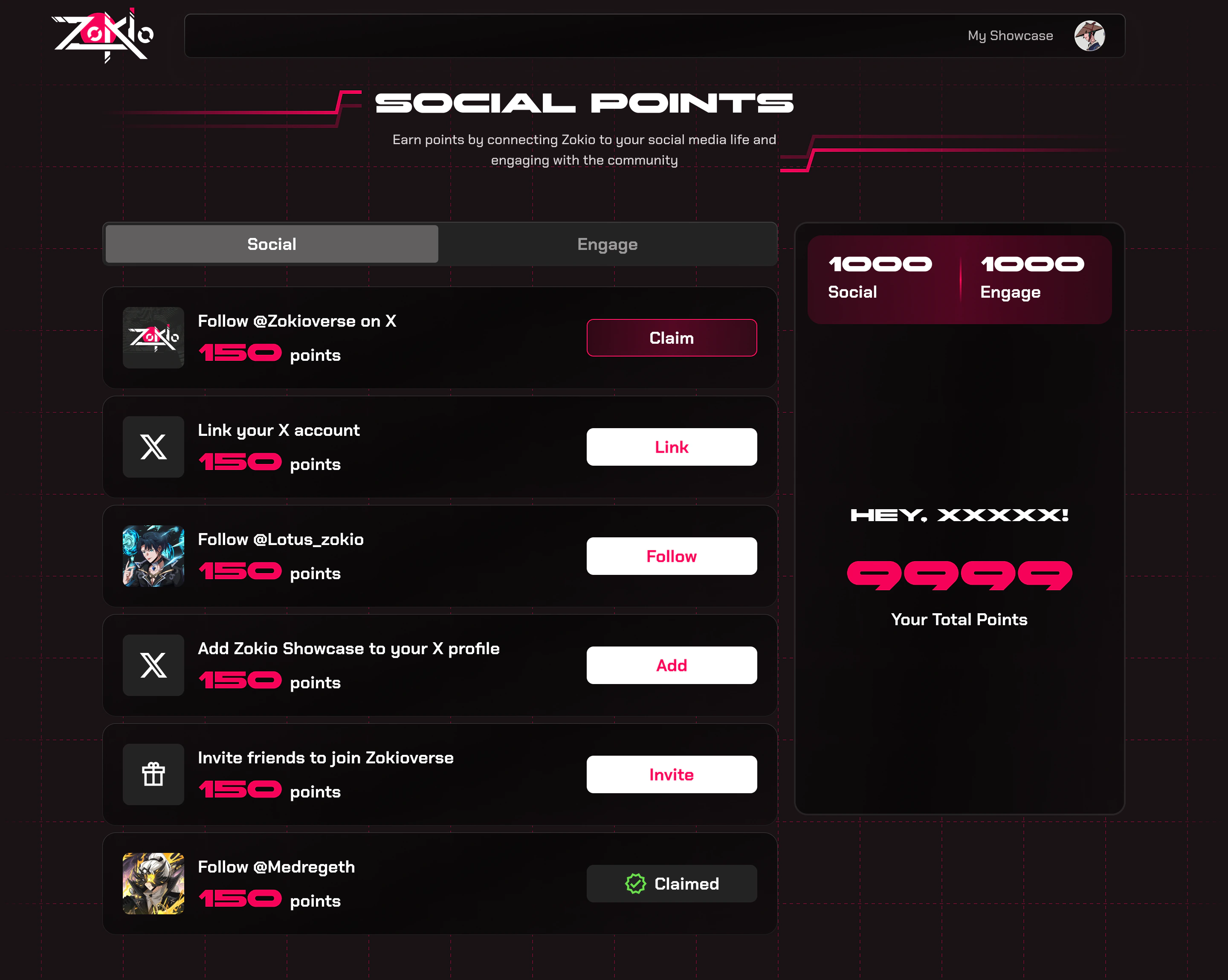Social Points: quests such as following Zokioverse on X, linking an X account, and inviting friends, each worth 150 points with its own button, from Claim to Claimed, beside the collector’s total points.