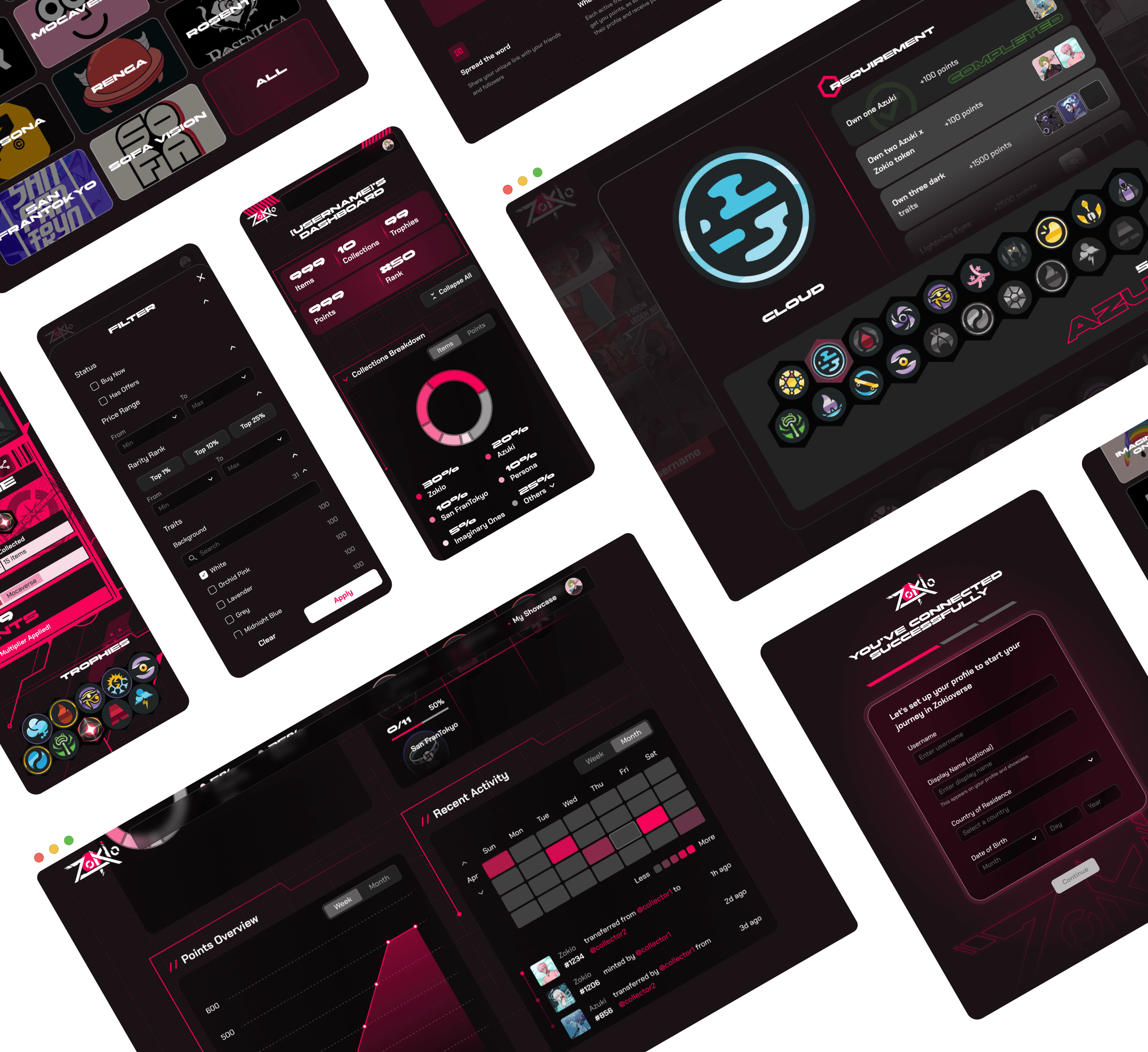 Zokioverse screens in dark plum and pink: project showrooms, a collection filter, a collector dashboard with holdings by project, trophy requirements, a points chart, an activity calendar, and profile setup.