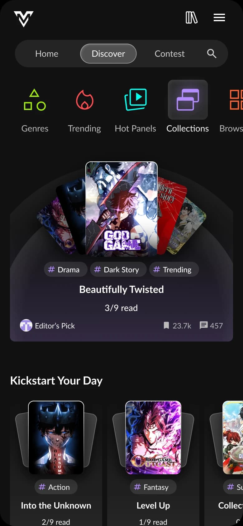 Discover’s Collections page: an Editor’s Pick collection, Beautifully Twisted, fans out its covers, followed by more collections under Kickstart Your Day.