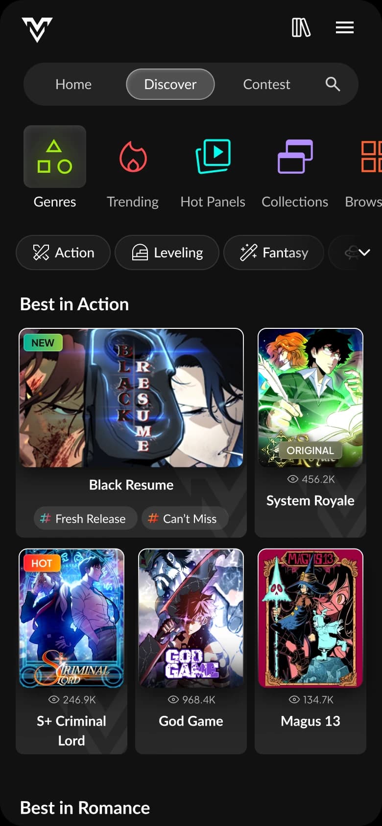 Discover, between Home and Contest in the main navigation, with 5 ways in: Genres, Trending, Hot Panels, Collections, and Browse all. Genres is selected, showing genre chips and Best in Action.