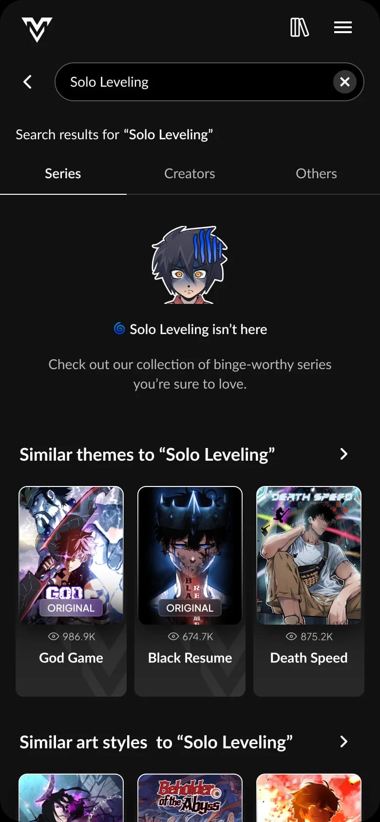A search for “Solo Leveling”, a title VoyceMe doesn’t carry, says it isn’t here and suggests series with similar themes and similar art styles.