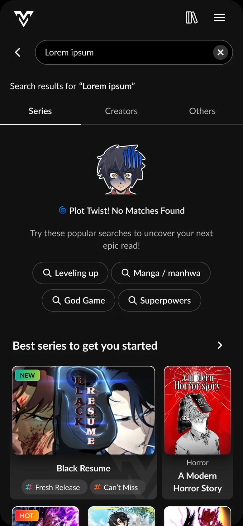 A search for “Lorem ipsum” finds no series. The page suggests 4 popular searches, such as Leveling up and Superpowers, and a row of series to get started.