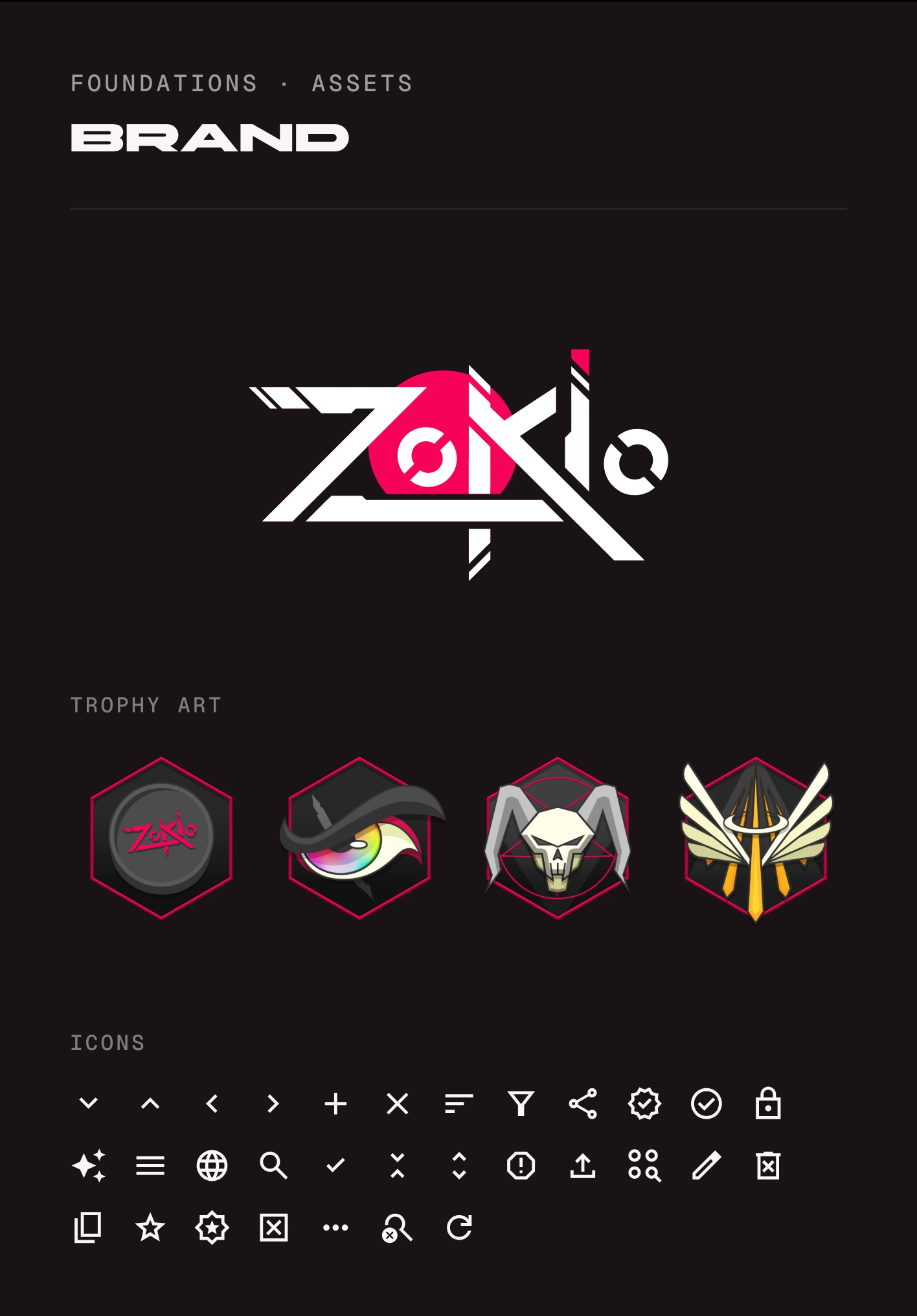 Brand: the Zokioverse logo on dark, four trophy illustrations in pink-edged hexagons (a Zokio coin, an eye, a horned skull, and winged swords), and the icon set.
