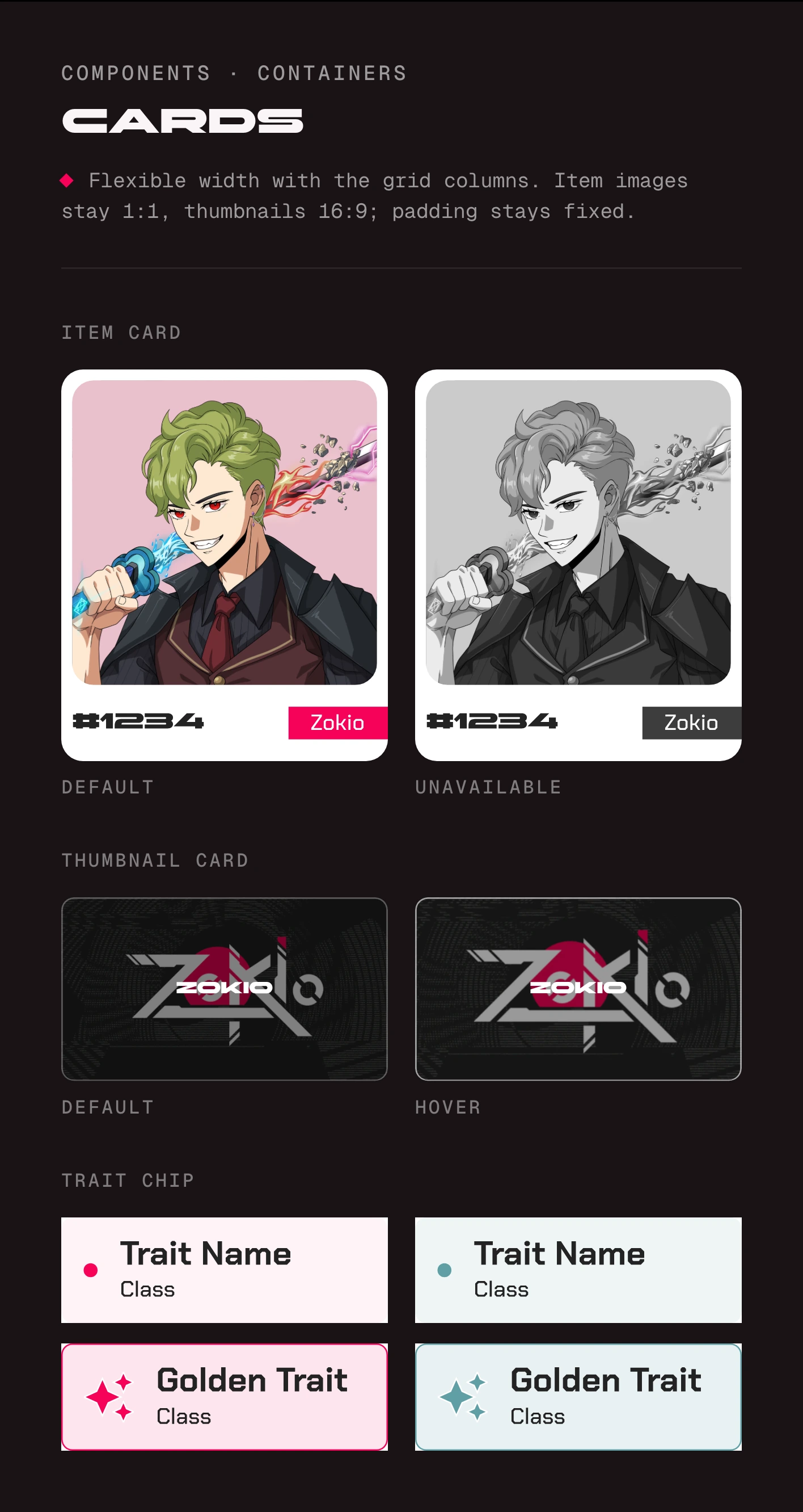 Cards: an item card in default and unavailable states, the unavailable one in grayscale; a project thumbnail card in default and hover states; and trait chips, plain and golden, in two project colors.