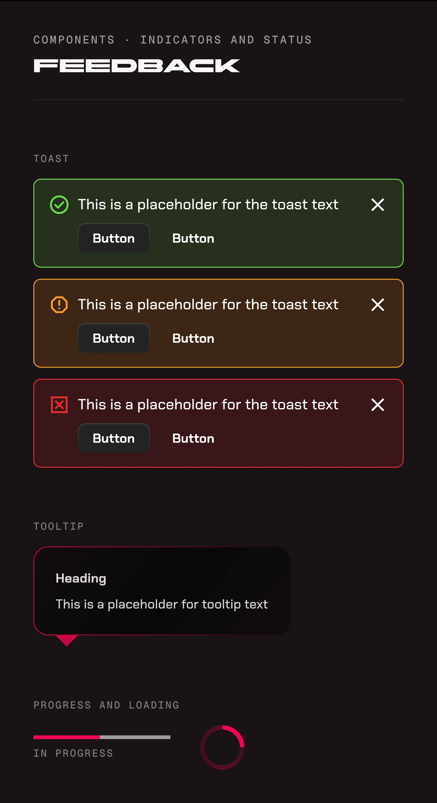 Feedback: success, warning, and error toasts, each with its own icon and color, a tooltip with a heading, a progress bar, and a spinner.