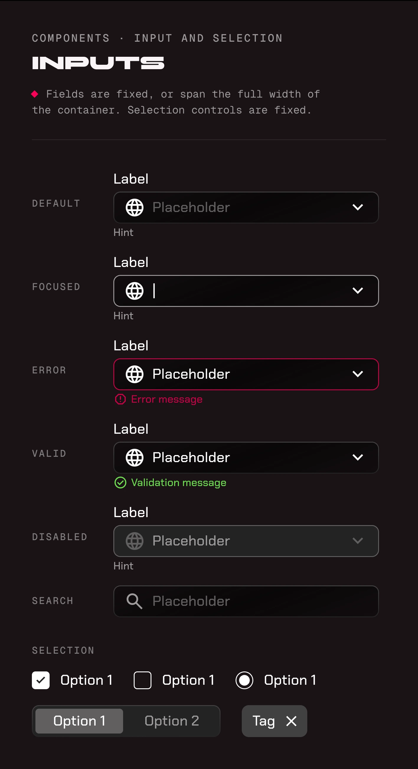 Inputs: a text field in default, focused, error, valid, and disabled states, a search field, and selection controls: checkboxes, a radio button, a two-option switch, and a removable tag.