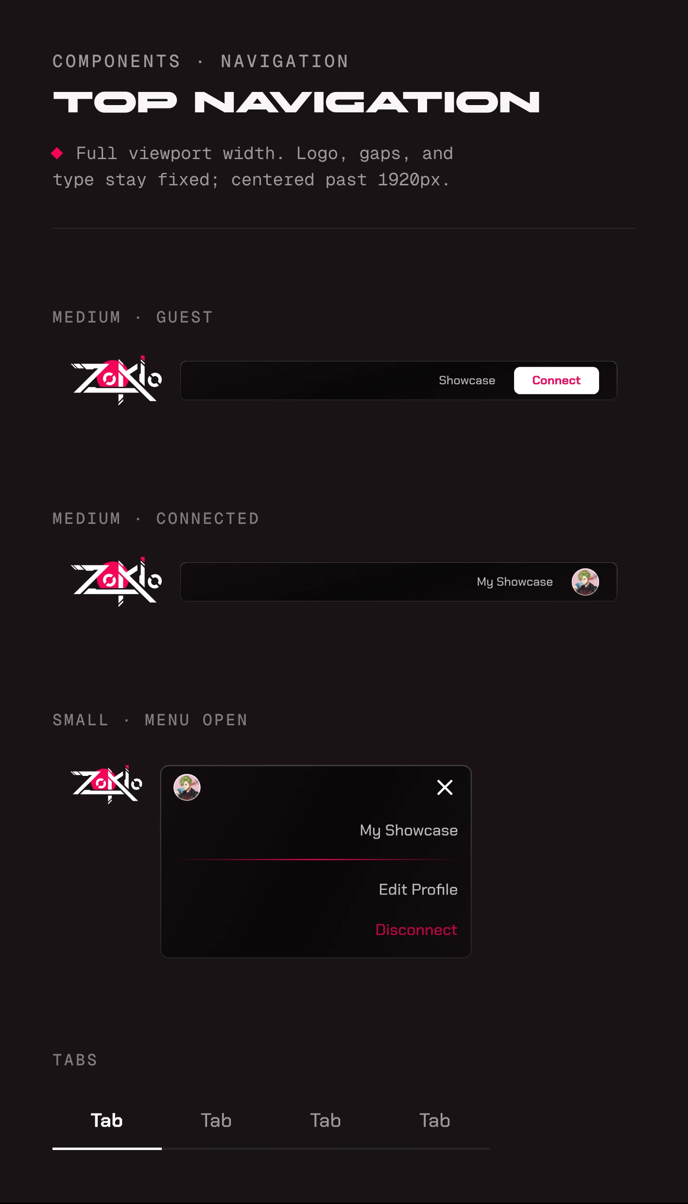 Top navigation: the medium bar for a guest with Showcase and Connect, and for a connected collector with My Showcase and an avatar; the small bar with its menu open; and tabs.