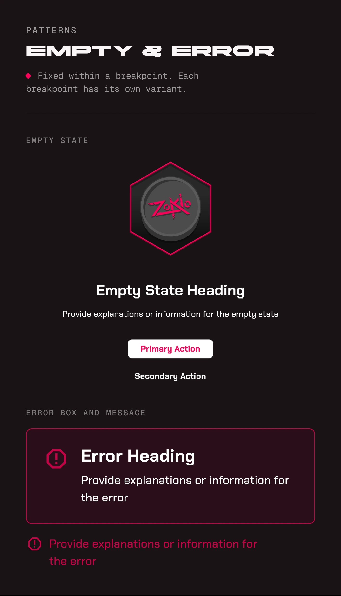 Patterns: an empty state with the Zokio trophy, a heading, an explanation, a primary and a secondary action, then an error box and an inline error message.