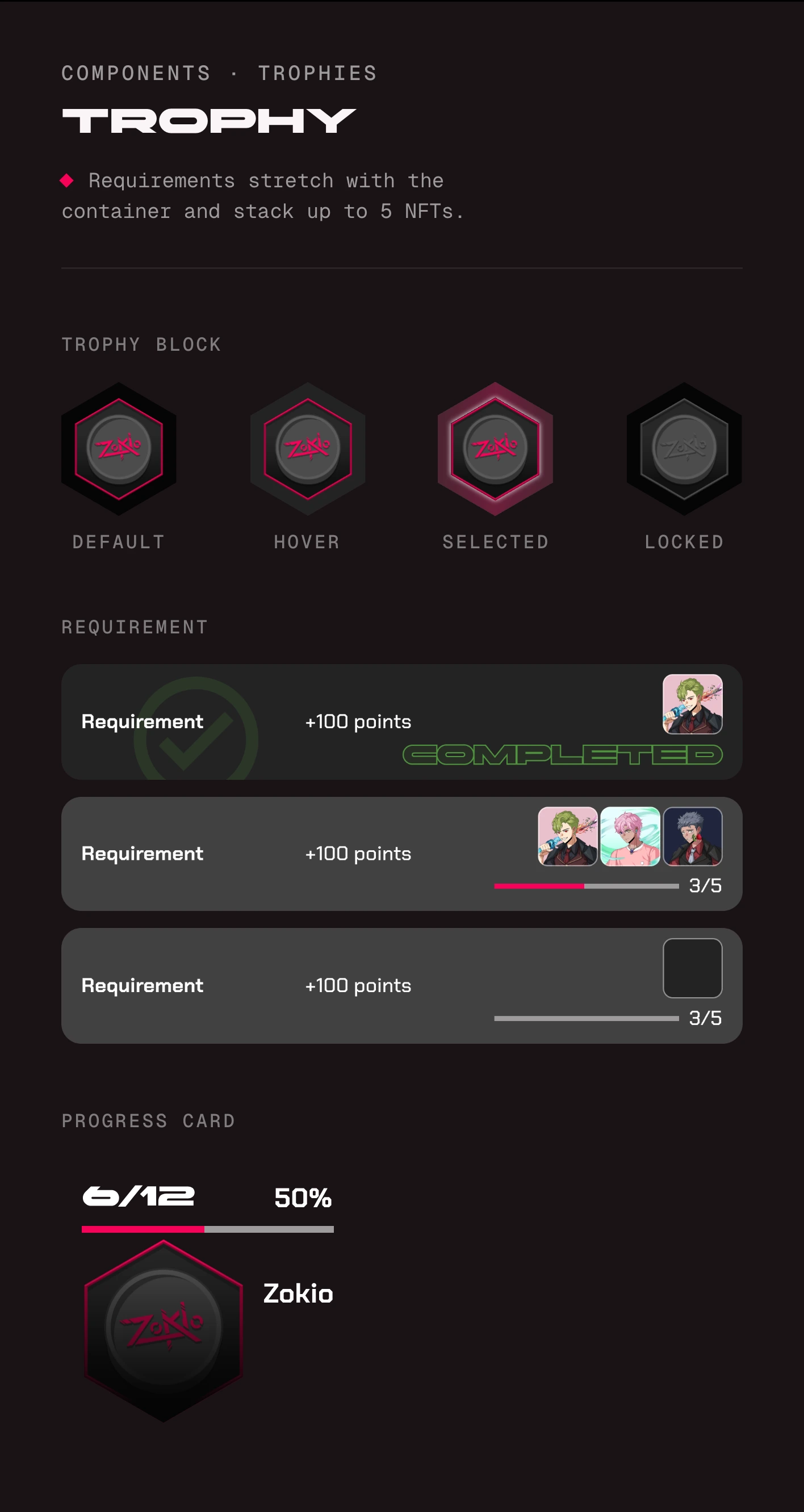 Trophy components: a trophy block in default, hover, selected, and locked states; a requirement row completed, in progress at 3 of 5, and not started; and a progress card at 6 of 12 trophies.