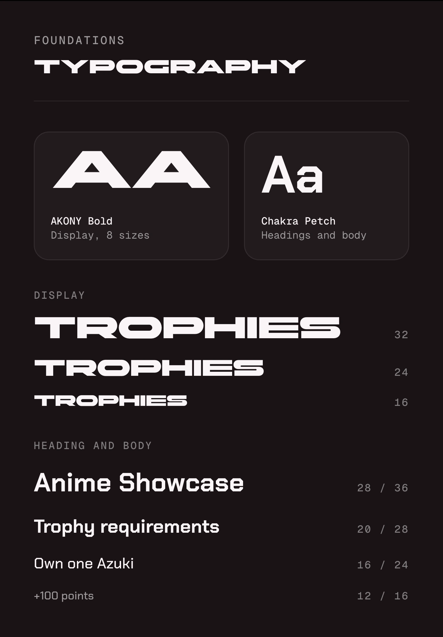 Typography: AKONY Bold for display text in 8 sizes, shown at 32, 24, and 16px, and Chakra Petch for headings and body, from 28px on 36px down to 12px on 16px.