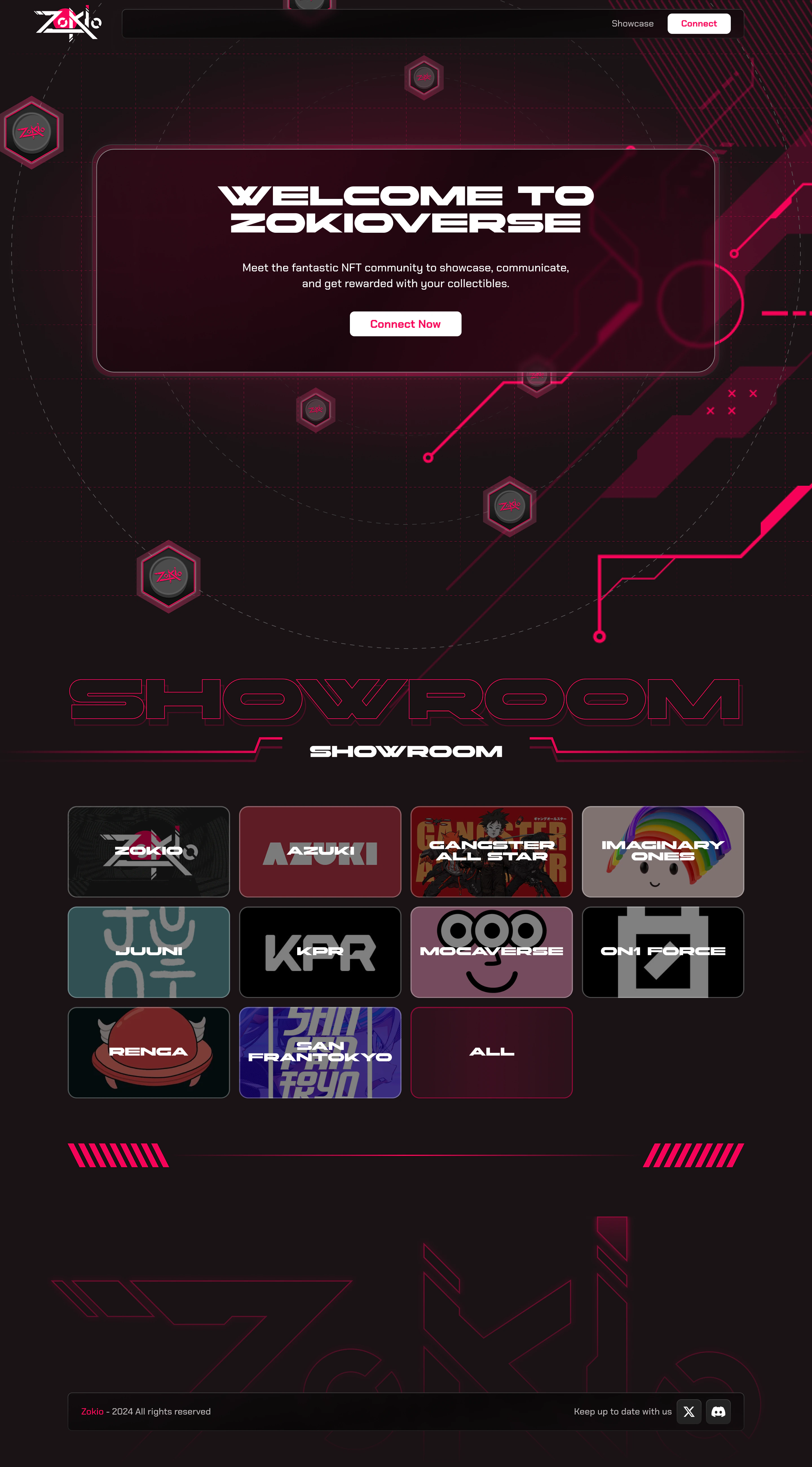 The Zokioverse landing page for guests: a Welcome to Zokioverse card with one Connect Now button, above a showroom grid of the projects in Zokioverse.