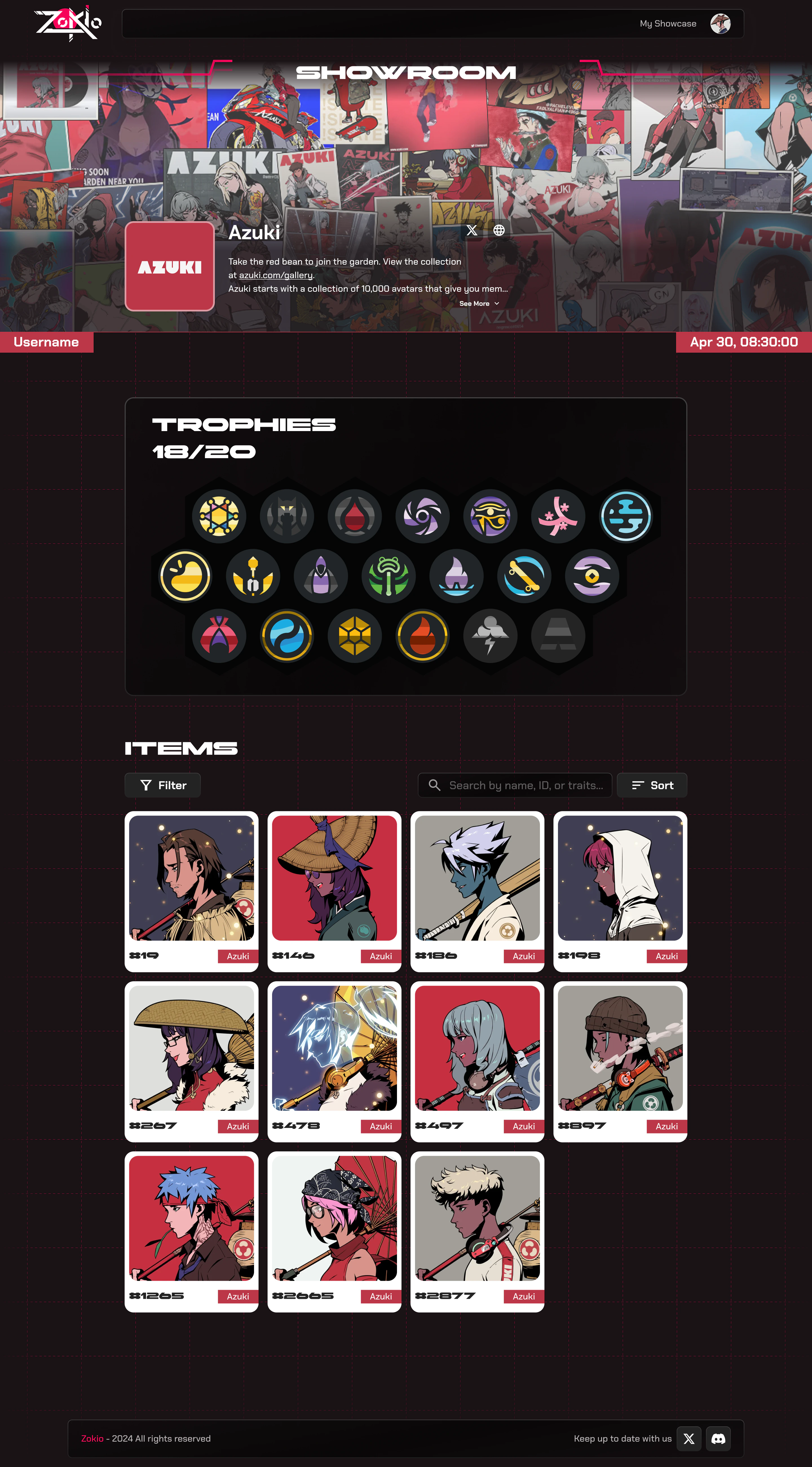 The Azuki showroom: the project’s banner and description, its trophies, 18 of 20 collected, and the collector’s Azuki items with filter, search, and sort.