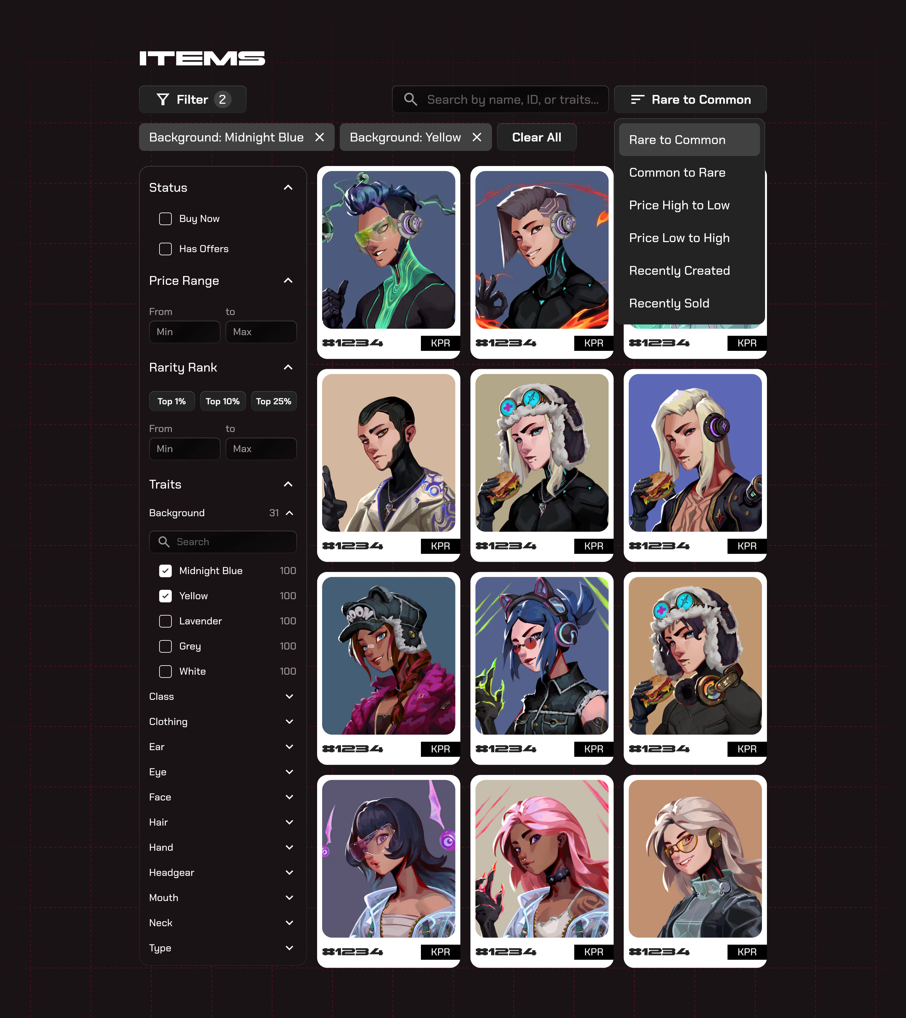 Items filtered by two background traits shown as removable chips, with a sidebar for status, price range, rarity rank, and traits, and a sort menu open from Rare to Common to Recently Sold.