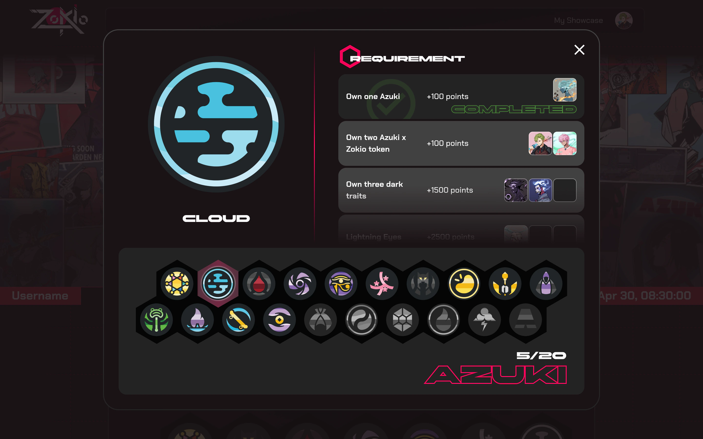 The Azuki Cloud trophy: Own one Azuki is completed with the NFT that met it, while the next requirements show the NFTs held so far and the slots still empty; 5 of 20 Azuki trophies are unlocked.
