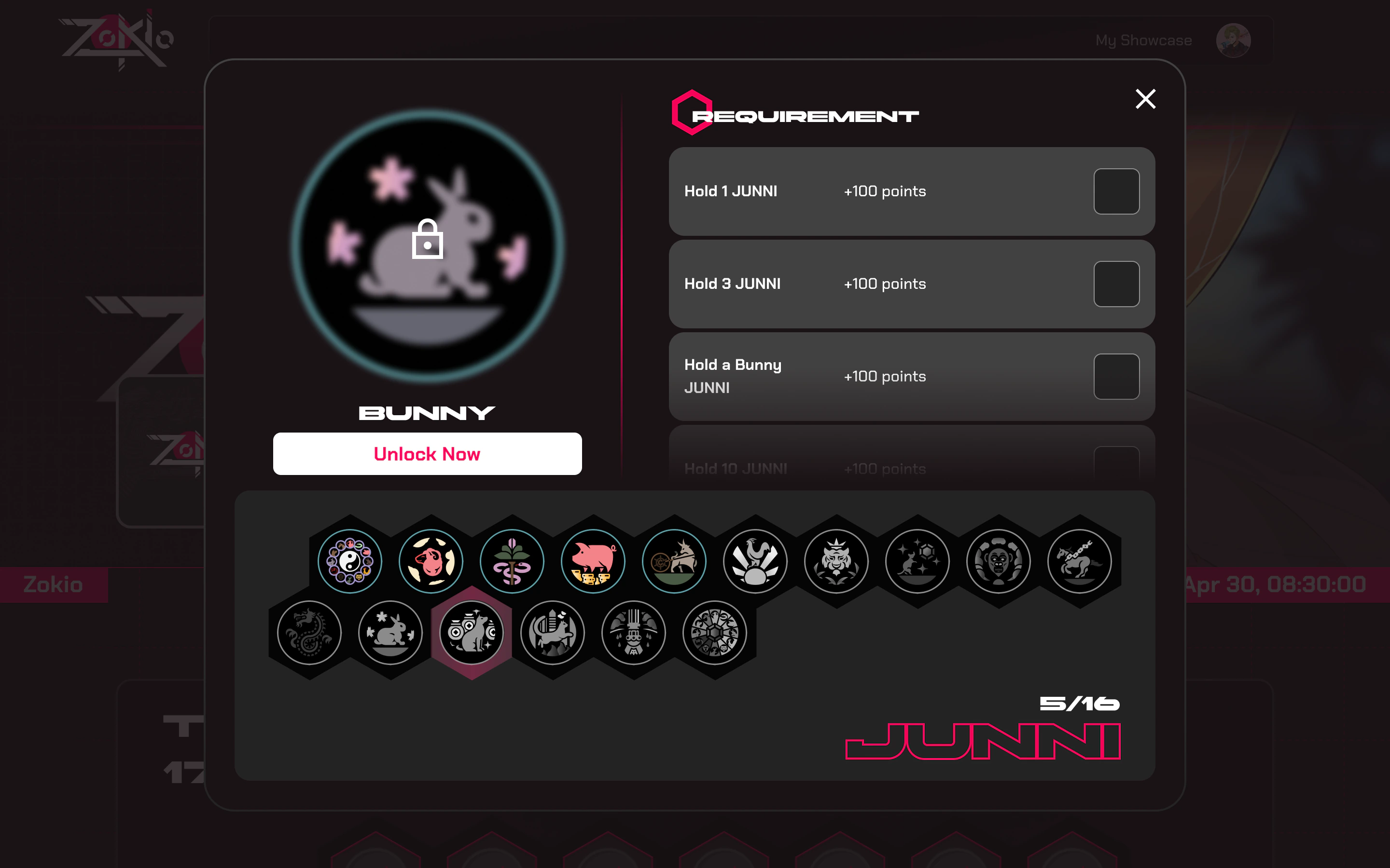 The locked Bunny trophy from JUUNI: requirements such as holding 1 JUUNI, 3 JUUNI, or a Bunny JUUNI, each worth 100 points, an Unlock Now button, and the project’s trophies with 5 of 16 unlocked.